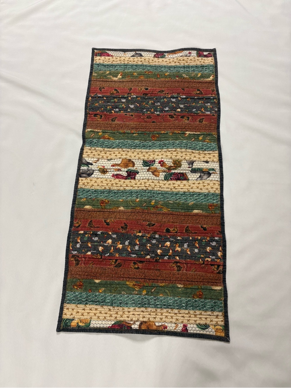 Handmade quilted chicken and rooster table runner